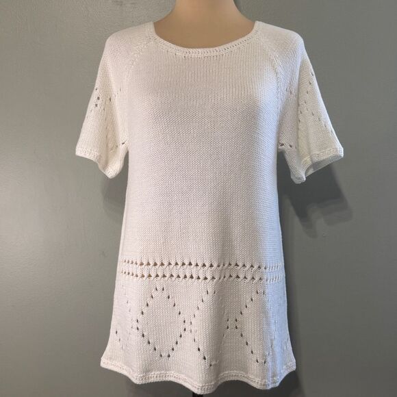 Ann Taylor Loft White Short Sleeve Sweater Blouse Top Shirt Tunic Size Medium - Picture 1 of 7